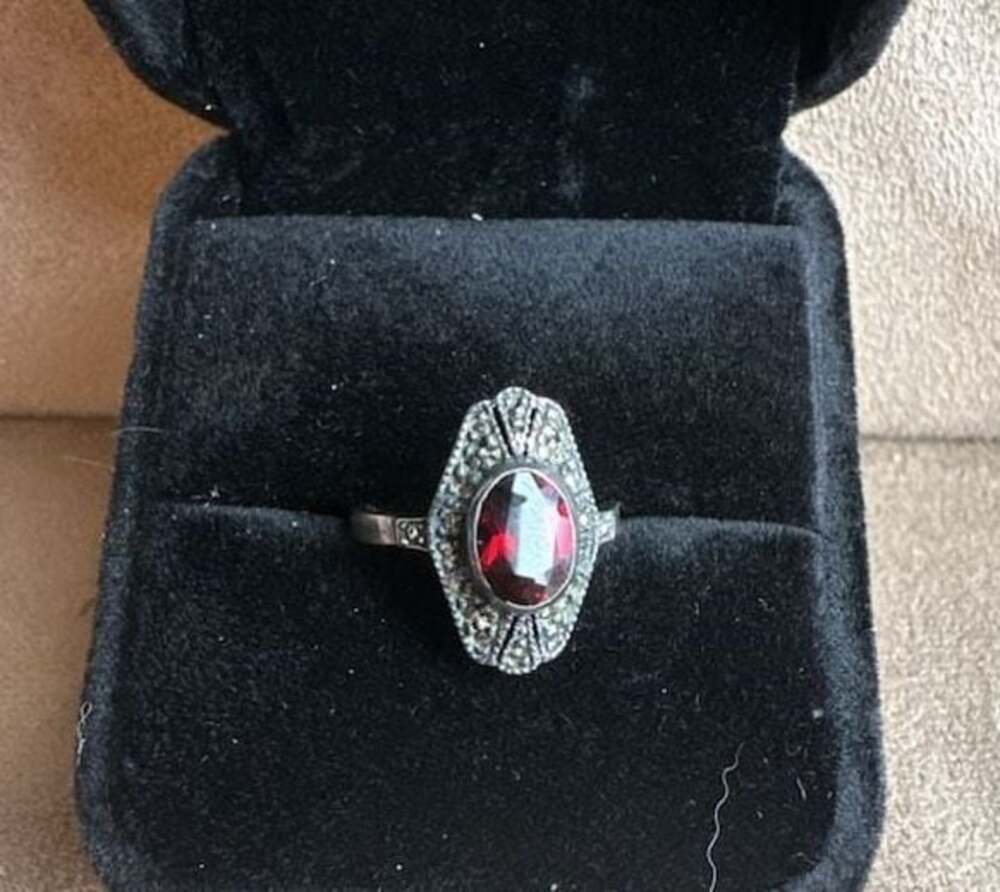 Vintage Judith Jack Sterling Silver Garnet and Marcasite Art Deco Style Ring